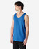 A blue Gildan Heavy Cotton adult tank top displayed on a model, featuring a classic sleeveless design and a logo.