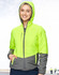 A woman wearing a Hi-Vis quilted two-tone safety jacket in fluorescent yellow and grey, featuring a hood and zipped pockets.