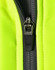 A close-up of a zip on a bright yellow safety jacket, featuring grey accents and a branded zipper pull.