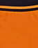 A close-up view of a unisex hi-vis polo shirt featuring orange and black colours, with a ribbed texture and a logo.