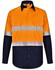 A long-sleeve safety shirt in hi-vis orange and navy, featuring segmented reflective tape and a button-up front.