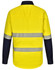 A long-sleeve safety shirt in bright yellow with navy blue sleeves, featuring segmented reflective tape.