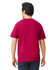 A man wearing a maroon Gildan Softstyle adult t-shirt, viewed from the back. The shirt has a logo on it.