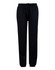 Black fleecy track pants featuring zips, cuffs, and knee padding, designed for kids, with an elastic waistband.