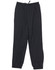 Black track pants with an elastic waistband and drawstring, featuring side pockets and a subtle logo.