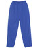 Blue track pants with an elastic waistband and side pockets, featuring a logo on the leg.