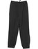 Black track pants with an elastic waistband and pockets, featuring a branded logo. Suitable for kids' warm-up activities.
