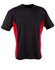 A short-sleeved black and red t-shirt with contrast side panels and a simple design. It features a logo.