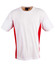 A short-sleeved t-shirt in white with red contrast sides. It features a logo on the collar area.