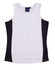 A ladies singlet in white with black contrast panels, featuring a logo on the label.