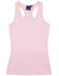 A pink ladies' fitted stretch singlet with a racerback design and a logo on the label.