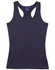 A fitted stretch singlet in navy blue with a racerback design and a small tag inside.