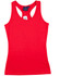 A red ladies' fitted stretch singlet with a racerback design and attached tag.