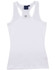 A white ladies' fitted stretch singlet with a racerback design and a logo on the tag.