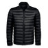 A black puffer jacket featuring a zip front and a stand-up collar, designed for men. It has a logo on it.