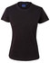 A black ladies' cotton semi-fitted tee with a rounded neckline and short sleeves, featuring a logo tag inside.