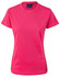 A pink semi-fitted cotton T-shirt with short sleeves and a round neckline. It features a branding logo.