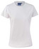 A white ladies' cotton semi-fitted tee, featuring a crew neck and short sleeves. It has a logo on the label.