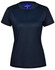 A navy blue ladies' short sleeve performance t-shirt featuring a logo on the neckline.