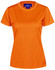 An orange ladies' short sleeve performance T-shirt with a logo at the neckline.