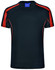 A black short-sleeve T-shirt with red accents and a logo on the neckline. 