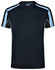 A black short-sleeved T-shirt featuring light blue accents and a mesh design on the shoulders. It has a logo.
