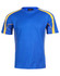 A blue short-sleeved T-shirt with yellow accents and a logo on the upper left.