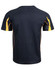 A black and yellow short-sleeved T-shirt with a sporty design and a logo on the back.