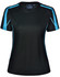 A black women's t-shirt with blue accents and a logo. Features short sleeves and a sporty design.