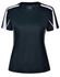 A black ladies' T-shirt featuring white side panels and short sleeves. The shirt has a logo on the label.