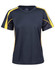 A ladies' black and yellow short-sleeve T-shirt with a logo, featuring a sporty design and contrasting side panels.