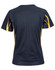 A navy blue ladies' t-shirt featuring yellow accents on the sides and a crew neck design. It has a logo on the back.