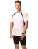 A white men's T-shirt with black side panels and a logo, modelled by a person, paired with black shorts.