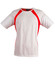 A white men's tee shirt with red side panels and short sleeves, featuring a logo on the neckline.
