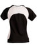 A black and white ladies' T-shirt with a mesh design on the back and short sleeves. It features a logo.