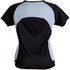 A black and light blue ladies' tee shirt featuring a stylish design and mesh detailing on the back.