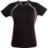 A black ladies' T-shirt with mesh detailing on the sides, featuring a logo on the neckline.