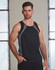 A men's sprint singlet in black with grey detailing, featuring a fitted design and a logo on the front.