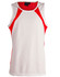 A white men's sprint singlet with red side panels and a logo on the neckline.