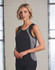 A black ladies' sprint singlet featuring grey side panels and a logo, designed for active wear.