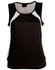 A black and white ladies' sprint singlet featuring a sporty design and a logo on the label.