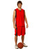 A red basketball singlet featuring black accents, worn by a male model with a basketball at his feet.