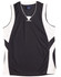 A black and white adults' basketball singlet featuring a v-neck design and side panel details. It has a logo.