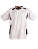 A white adults' soccer jersey with black accents and a logo on the chest area.