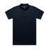 A dark navy polo shirt with a collar and three buttons. It features a logo on the fabric.