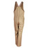 A tan cotton drill overall with adjustable straps and a back elastic panel, featuring side and leg pockets.