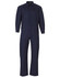 A navy blue cotton drill coverall with a zip front, long sleeves, and two chest pockets, featuring a logo.