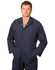 A navy blue cotton drill coverall with two front pockets and a collar, featuring a logo on the chest area.