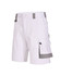 Unisex white utility stretch cargo work shorts featuring multiple pockets and a grey accent. Includes a logo.