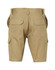 Khaki men's heavy cotton pre-shrunk drill shorts with multiple pockets and a logo on the back.